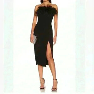 LIKELY Desi Feather Trim Bodycon Midi Dress